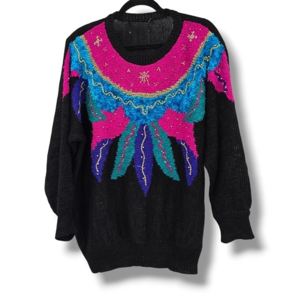 Vintage 80s Embellished Sweater Black Colorful Knit Beaded Holiday Party
